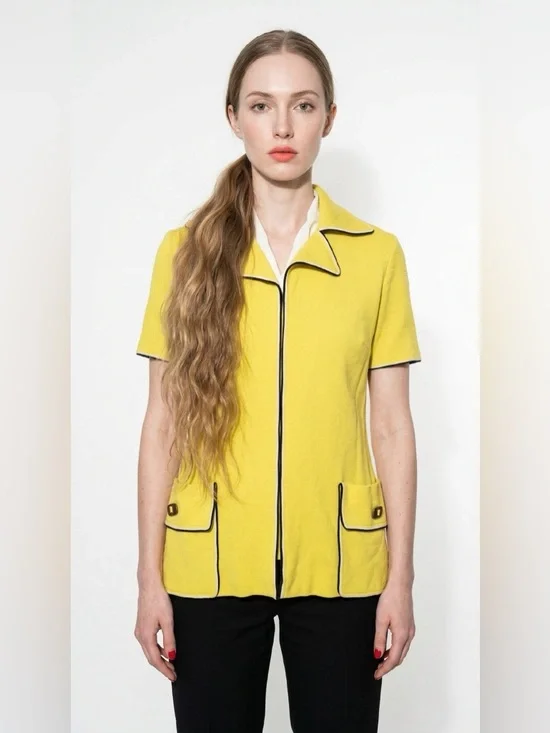 LUCIA YELLOW KNIT BLAZER JACKET WITH POCKETS VINTAGE BUTTONLESS TOP WOMAN MEDIUM - Picture 7 of 9